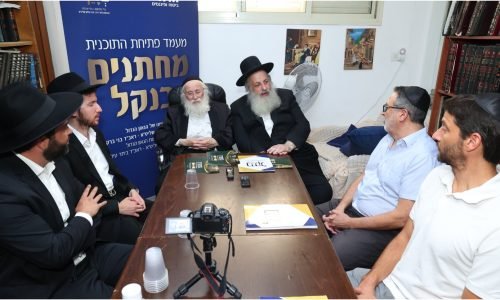 הנהלת חברת 'הראל' וראשי ארגון 'בנקל' במעמד פתיחת תוכנית 'מחתנים בנקל' במעונו של הגר"י סילמן שליט"א ובהשתתפות הגר"צ ברוורמן שליט"א